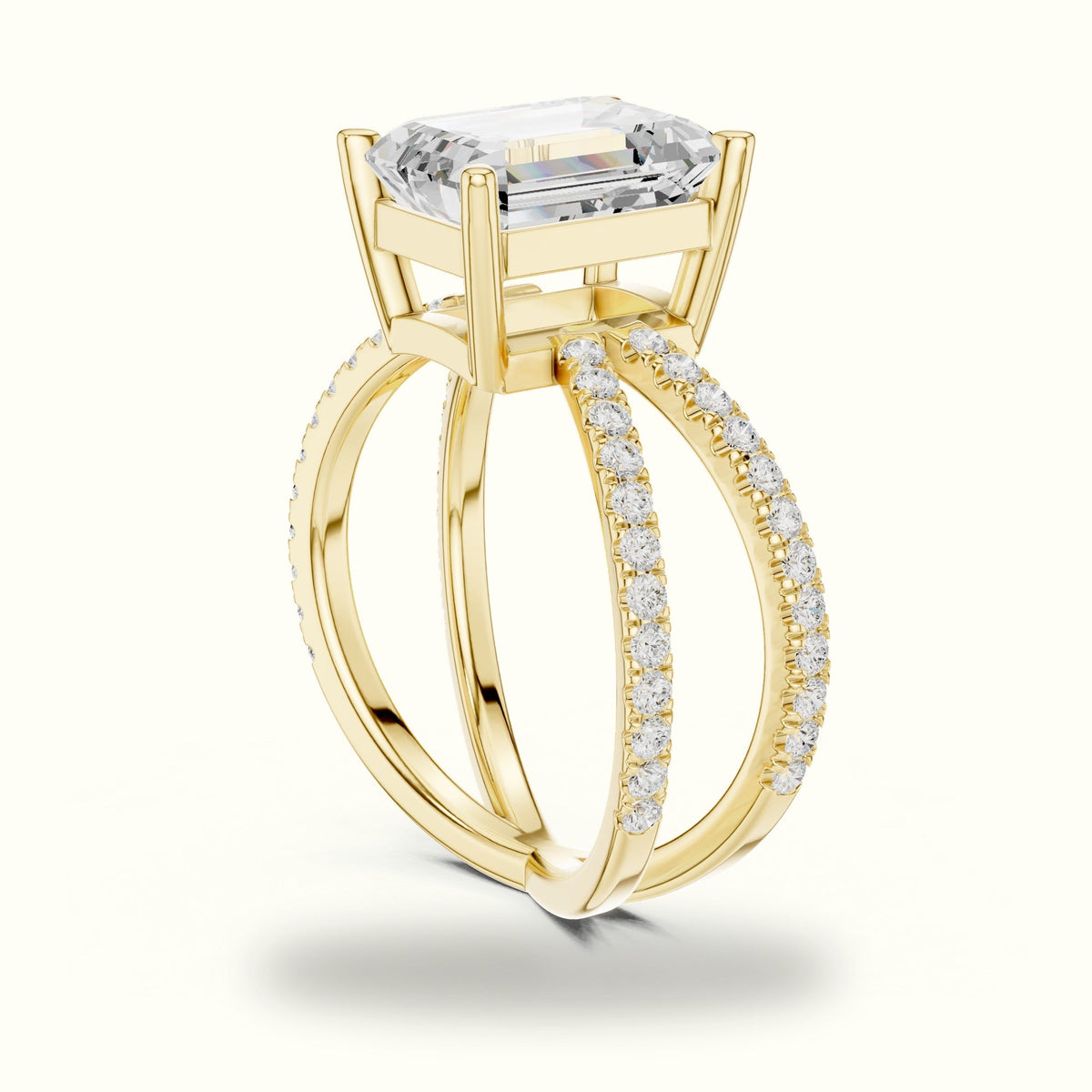 Emerald Cut Split Shank Pavé Engagement Ring — Yellow gold, view 1 | Crystal N Cuts