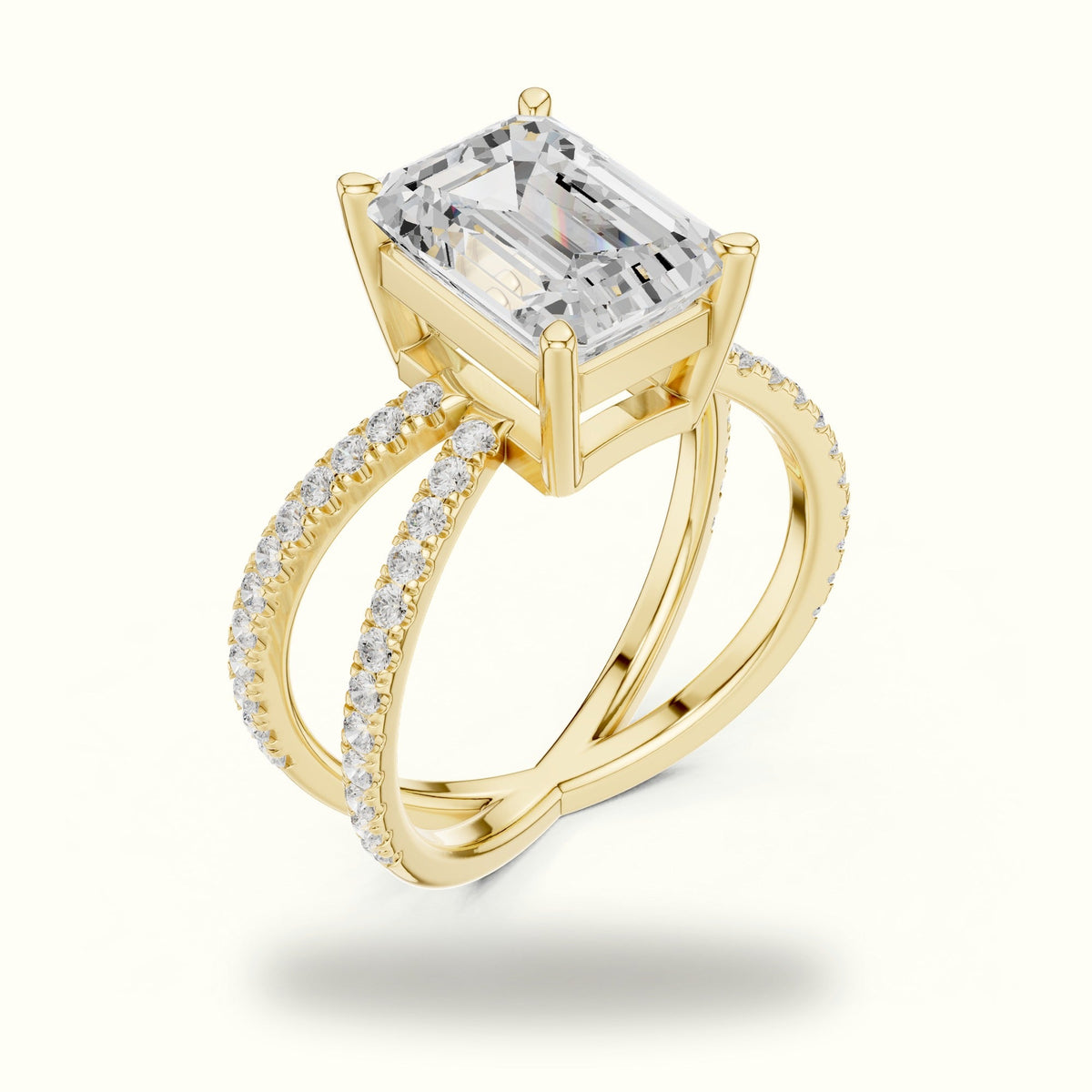 Emerald Cut Split Shank Pavé Engagement Ring — Yellow gold, view 2 | Crystal N Cuts