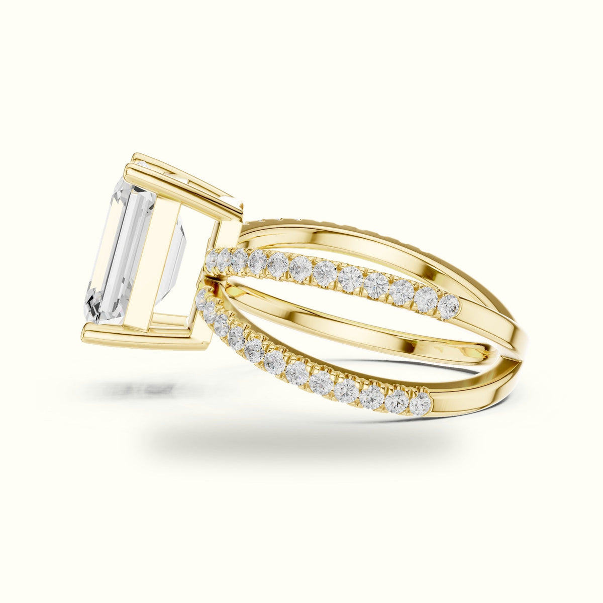 Emerald Cut Split Shank Pavé Engagement Ring — Yellow gold, view 3 | Crystal N Cuts