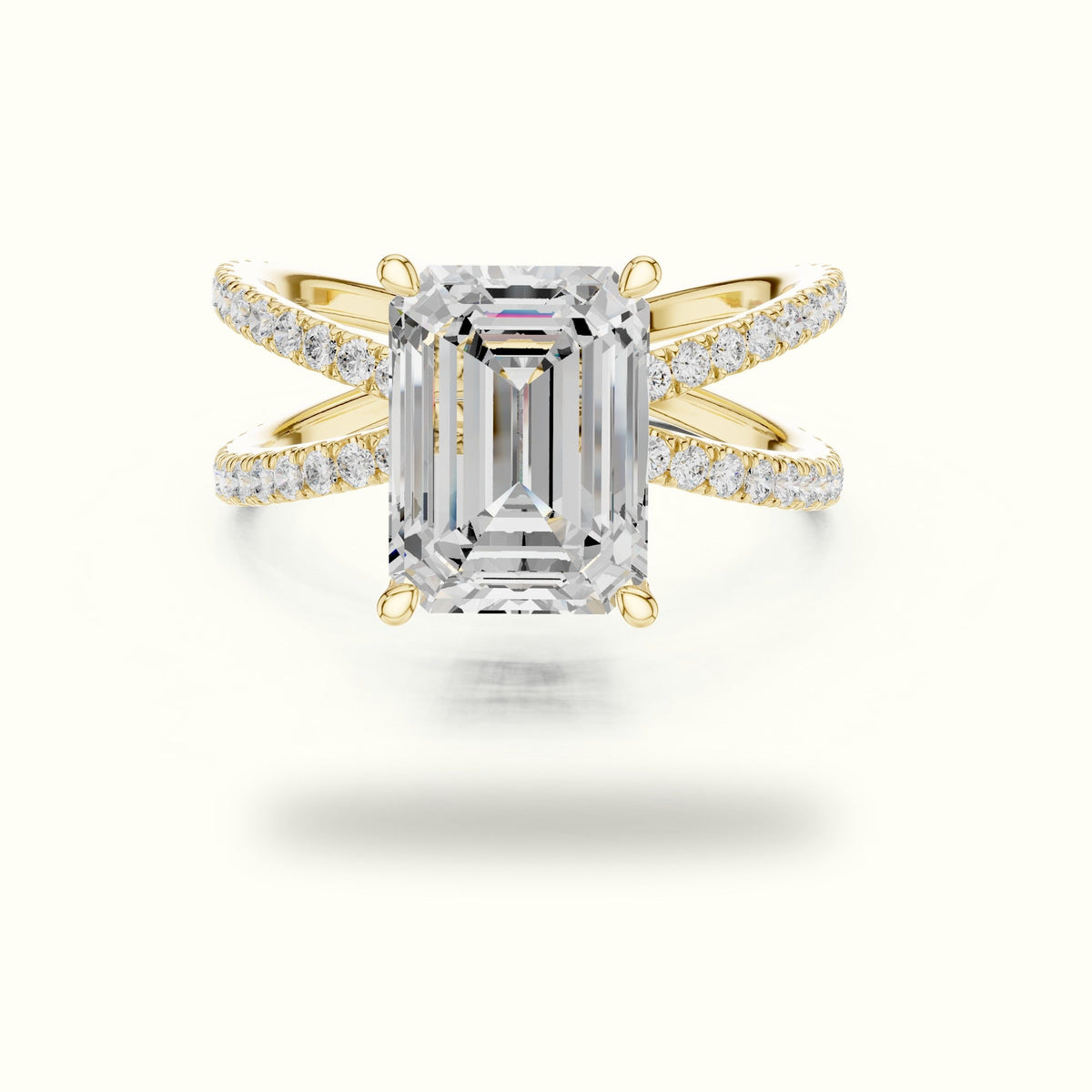 Emerald Cut Split Shank Pavé Engagement Ring — Yellow gold, front view | Crystal N Cuts
