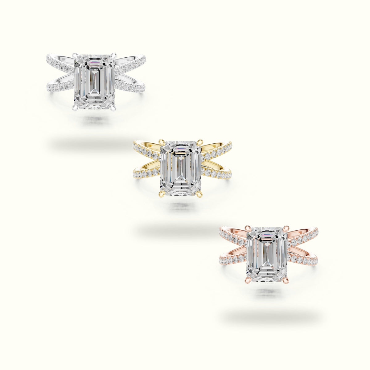 Emerald Cut Split Shank Pavé Engagement Ring — Rose gold, front view | Crystal N Cuts