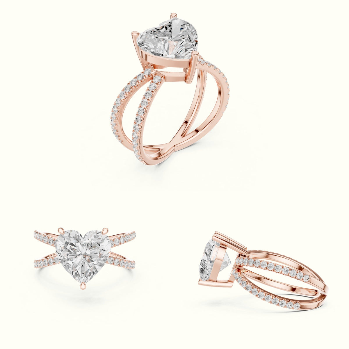Heart Shape Split Shank Pavé Engagement Ring — Rose gold, on the hand | Crystal N Cuts
