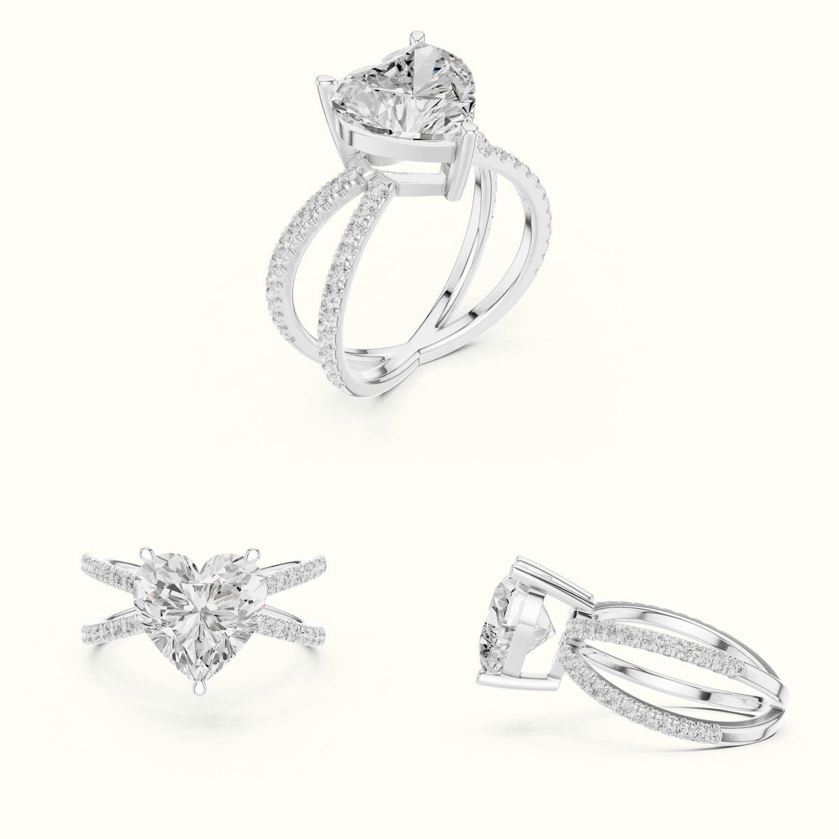 Heart Shape Split Shank Pavé Engagement Ring — White gold, on the hand | Crystal N Cuts