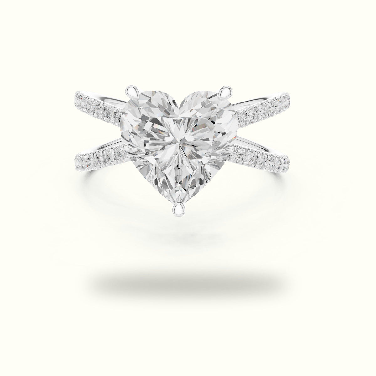 Heart Shape Split Shank Pavé Engagement Ring — White gold, front view | Crystal N Cuts