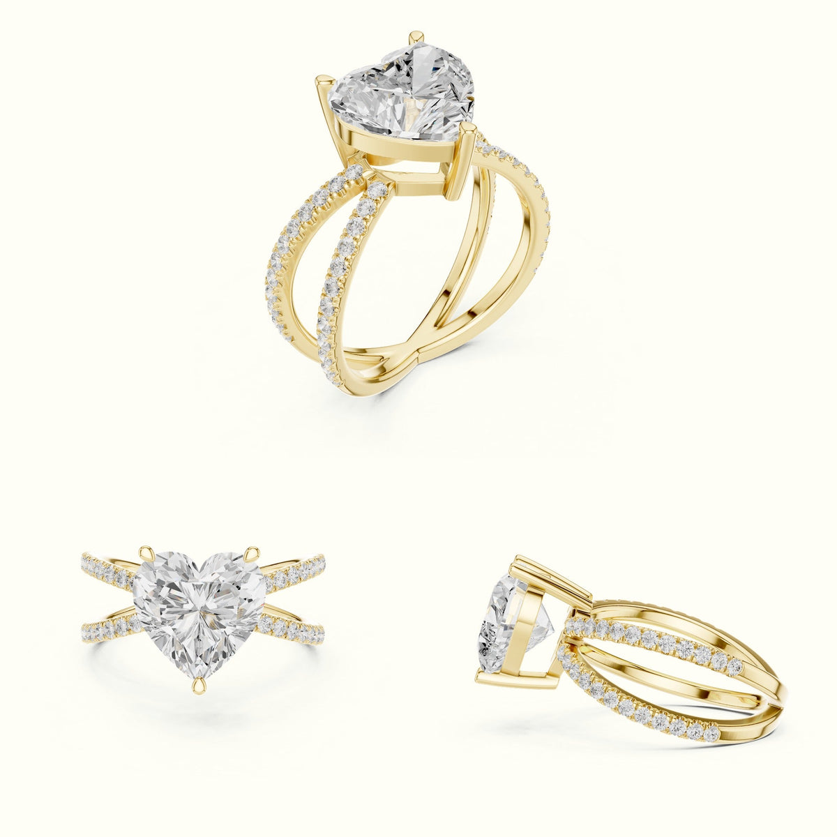 Heart Shape Split Shank Pavé Engagement Ring — Yellow gold, on the hand | Crystal N Cuts