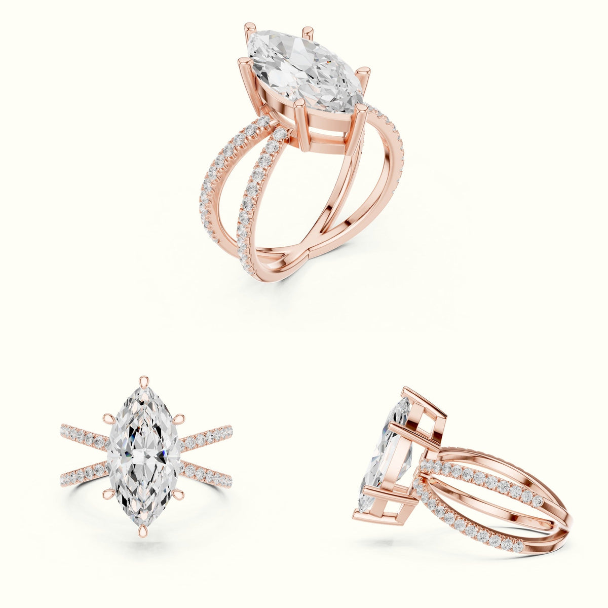 Marquise Lab-Grown Diamond Split Shank Solitaire Ring — Rose gold, on the hand | Crystal N Cuts