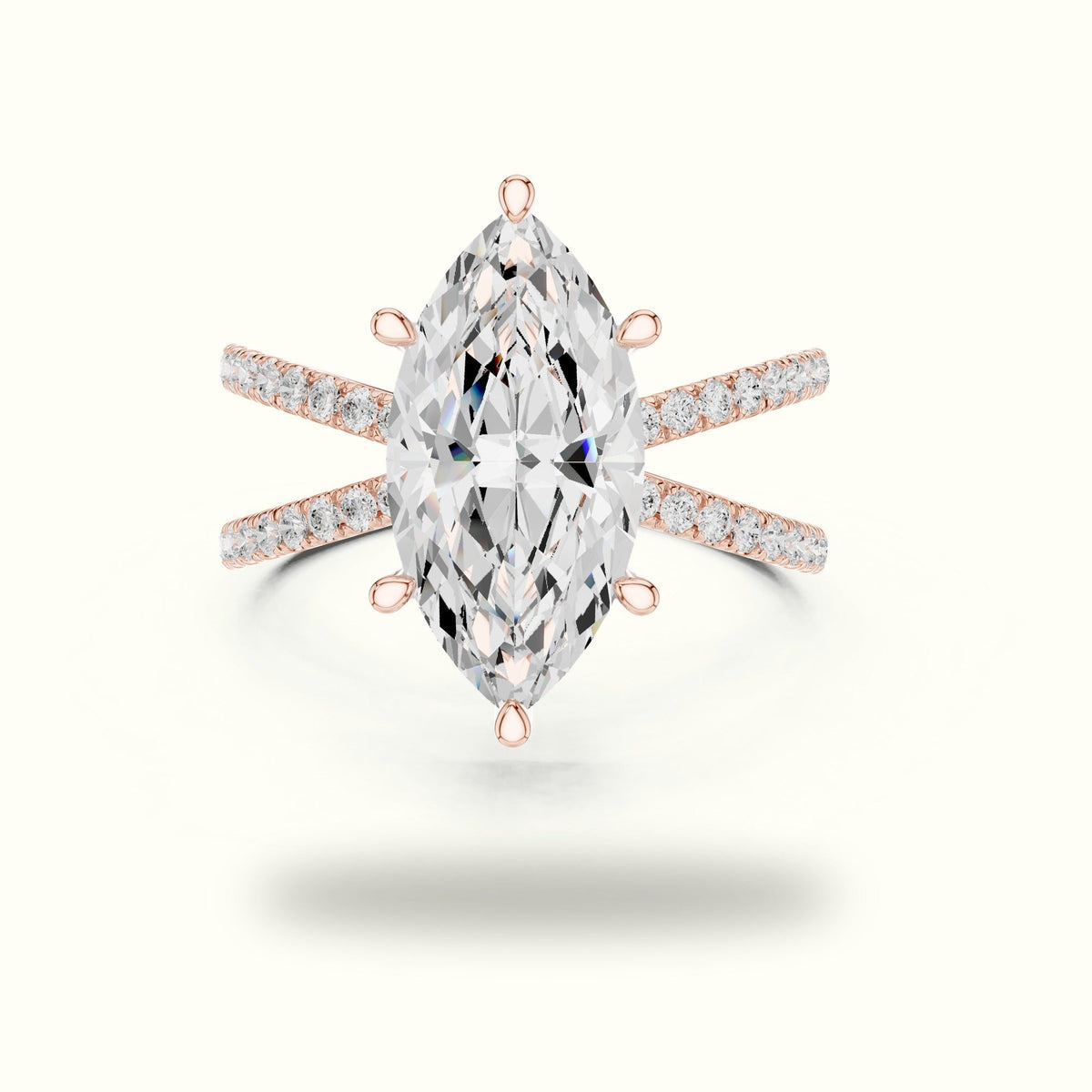 Marquise Lab-Grown Diamond Split Shank Solitaire Ring — Rose gold, front view | Crystal N Cuts