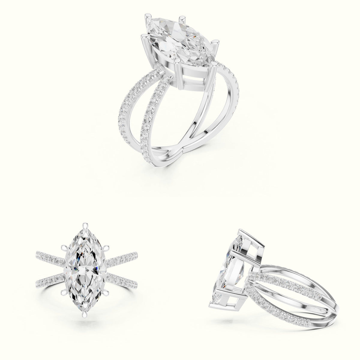 Marquise Lab-Grown Diamond Split Shank Solitaire Ring — White gold, on the hand | Crystal N Cuts