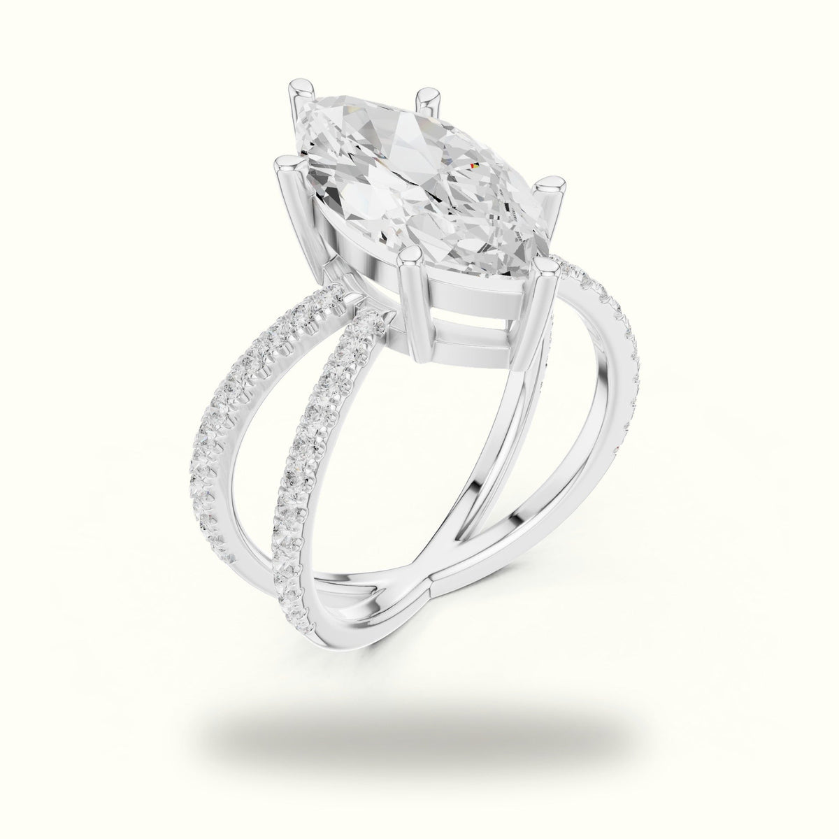 Marquise Lab-Grown Diamond Split Shank Solitaire Ring — White gold, view 2 | Crystal N Cuts