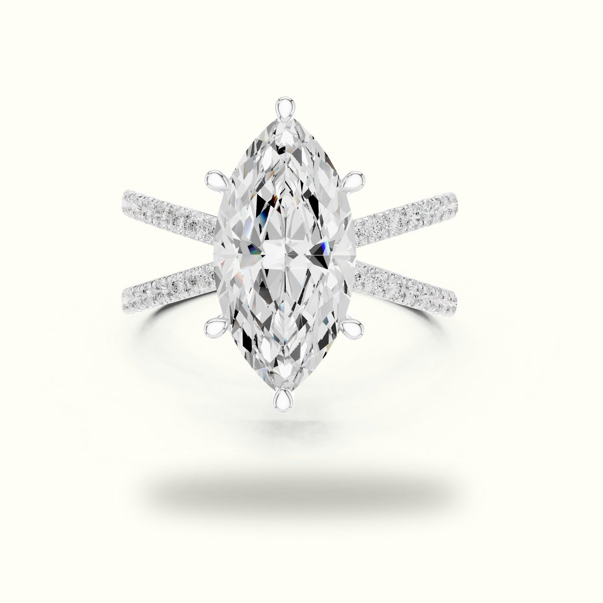 Marquise Lab-Grown Diamond Split Shank Solitaire Ring — White gold, front view | Crystal N Cuts