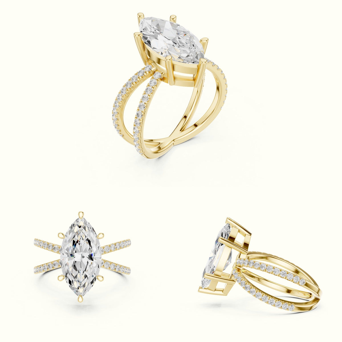 Marquise Lab-Grown Diamond Split Shank Solitaire Ring — Yellow gold, on the hand | Crystal N Cuts