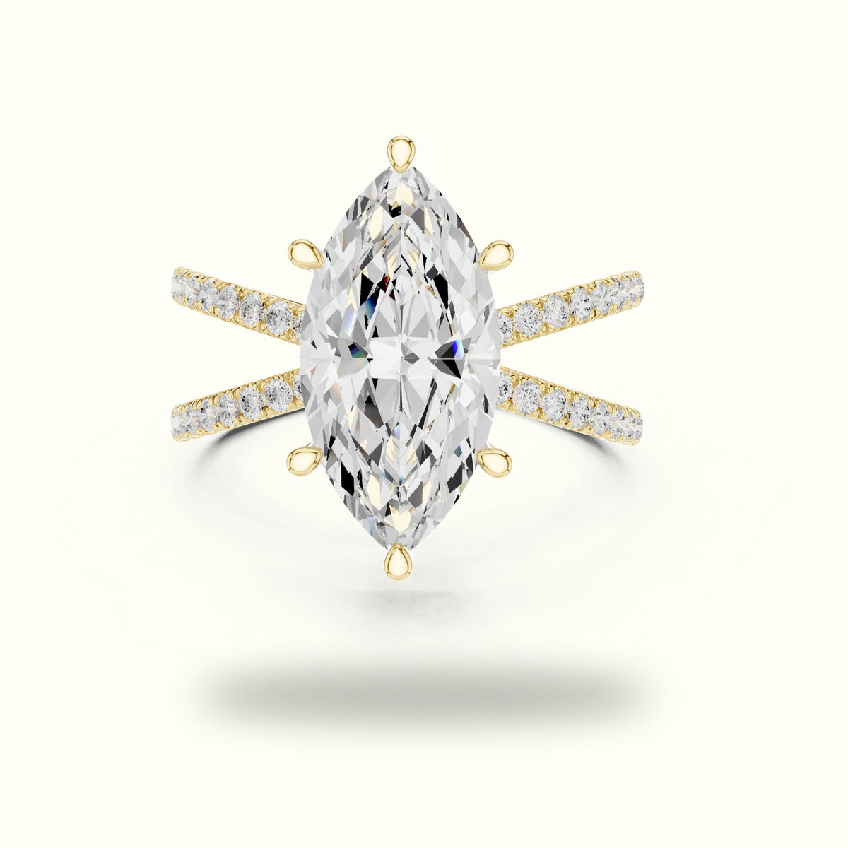 Marquise Lab-Grown Diamond Split Shank Solitaire Ring — Yellow gold, front view | Crystal N Cuts