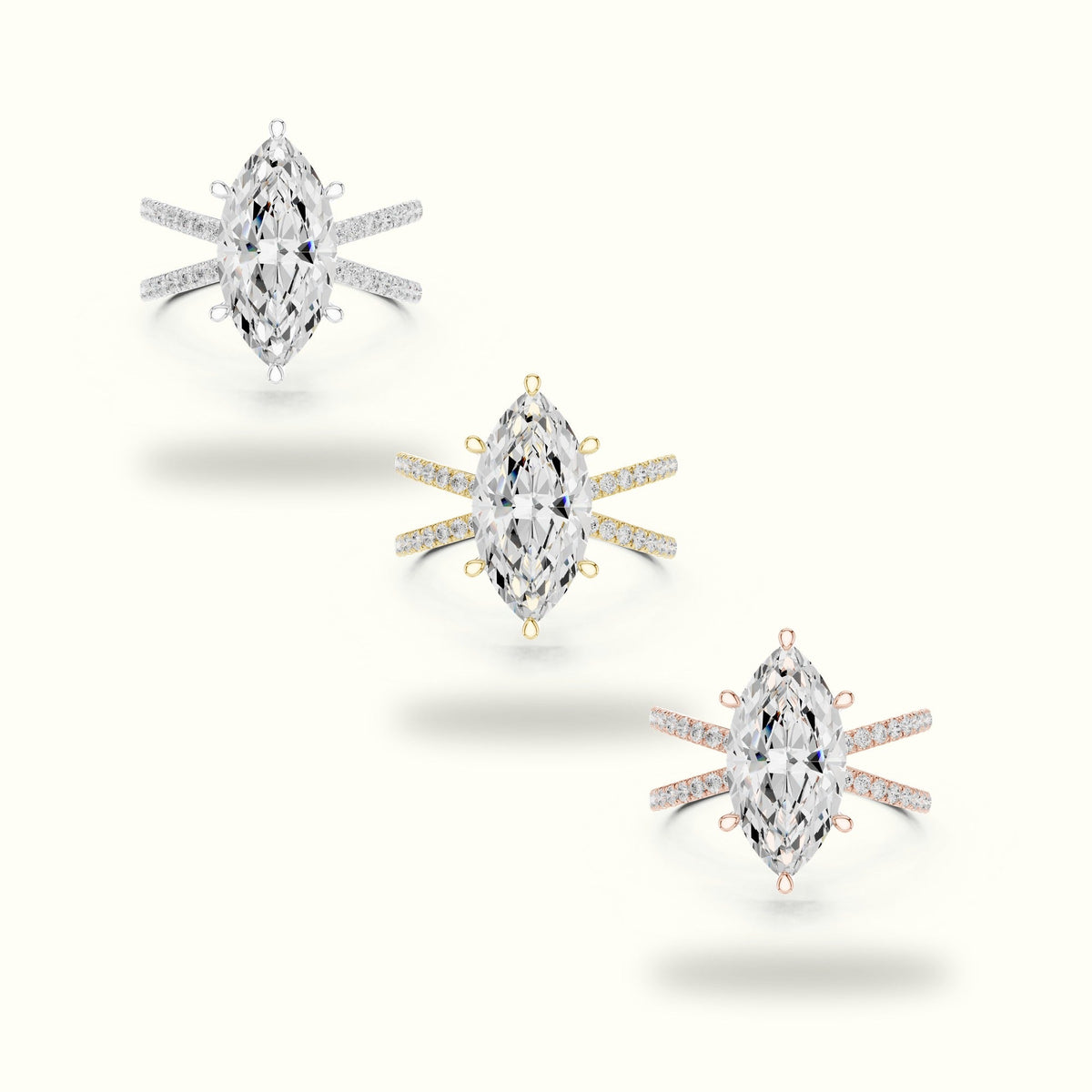 Marquise Lab-Grown Diamond Split Shank Solitaire Ring — Rose gold, front view | Crystal N Cuts