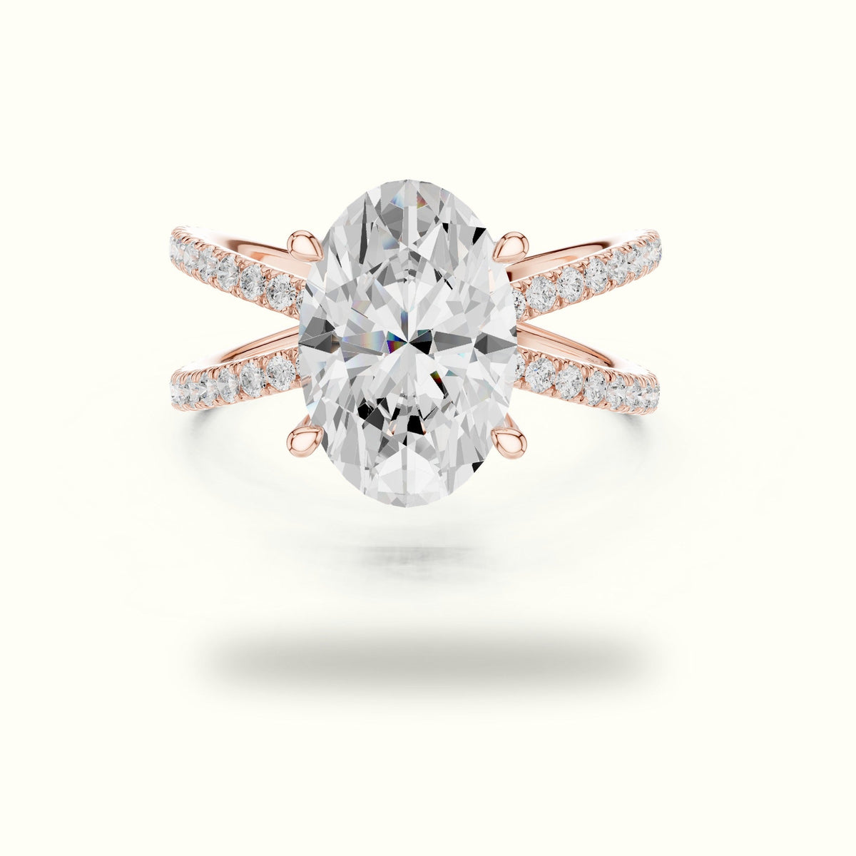Oval Cut Split Shank Pavé Engagement Ring — Rose gold, front view | Crystal N Cuts