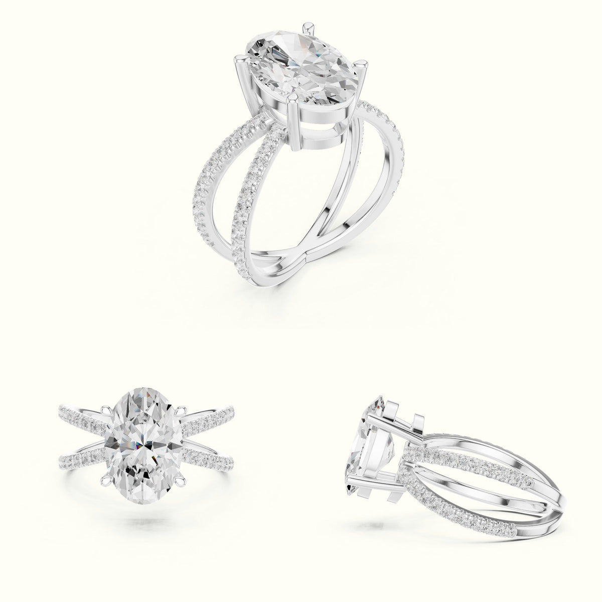 Oval Cut Split Shank Pavé Engagement Ring — White gold, on the hand | Crystal N Cuts