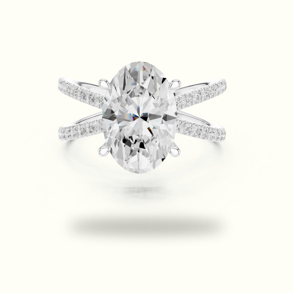 Oval Cut Split Shank Pavé Engagement Ring — White gold, front view | Crystal N Cuts