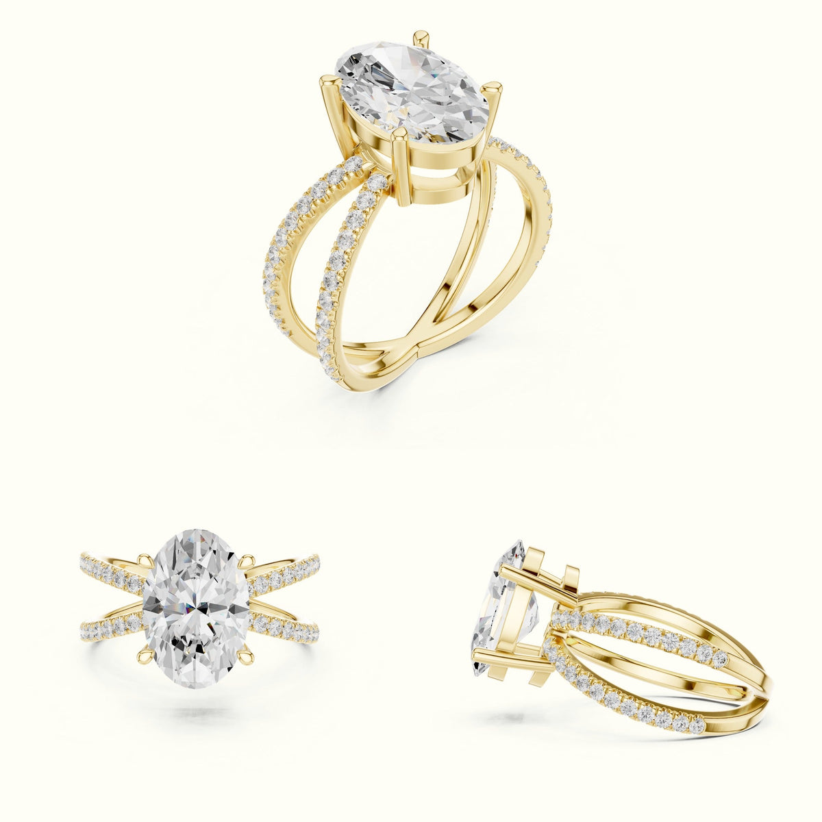 Oval Cut Split Shank Pavé Engagement Ring — Yellow gold, on the hand | Crystal N Cuts