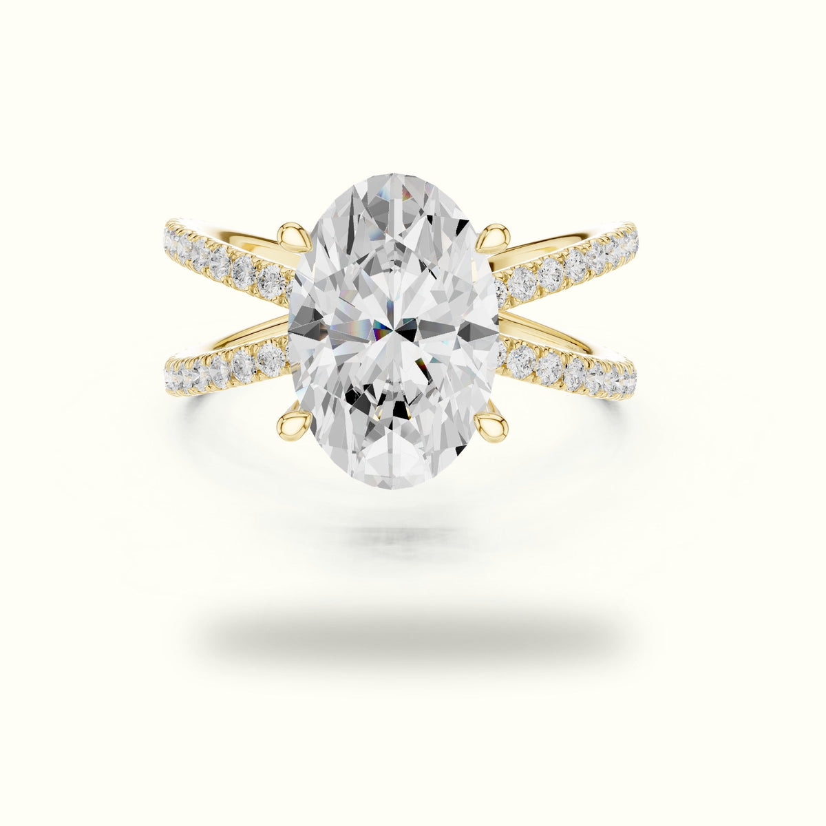 Oval Cut Split Shank Pavé Engagement Ring — Yellow gold, front view | Crystal N Cuts
