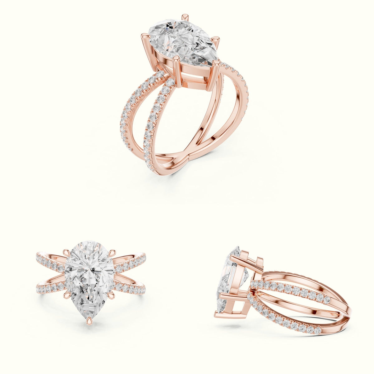 Pear Cut Split Shank Solitaire Ring - SKU 25 PE — Rose gold, on the hand | Crystal N Cuts