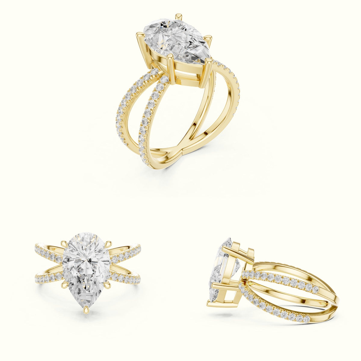 Pear Cut Split Shank Solitaire Ring - SKU 25 PE — Yellow gold, on the hand | Crystal N Cuts