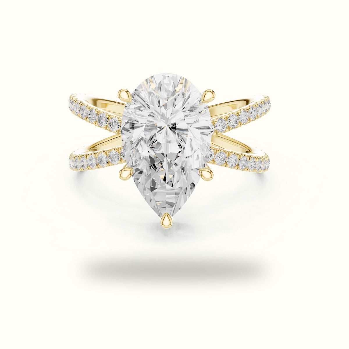Pear Cut Split Shank Solitaire Ring - SKU 25 PE — Yellow gold, front view | Crystal N Cuts