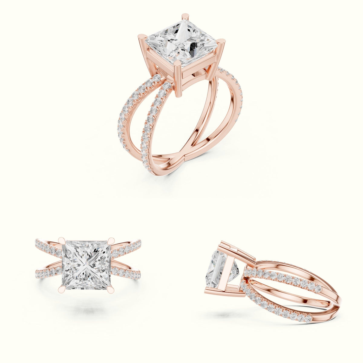 Princess Cut Split Shank Pavé Engagement Ring — Rose gold, on the hand | Crystal N Cuts