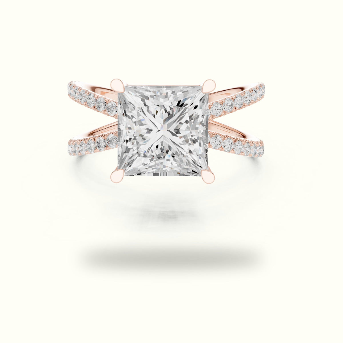 Princess Cut Split Shank Pavé Engagement Ring — Rose gold, front view | Crystal N Cuts