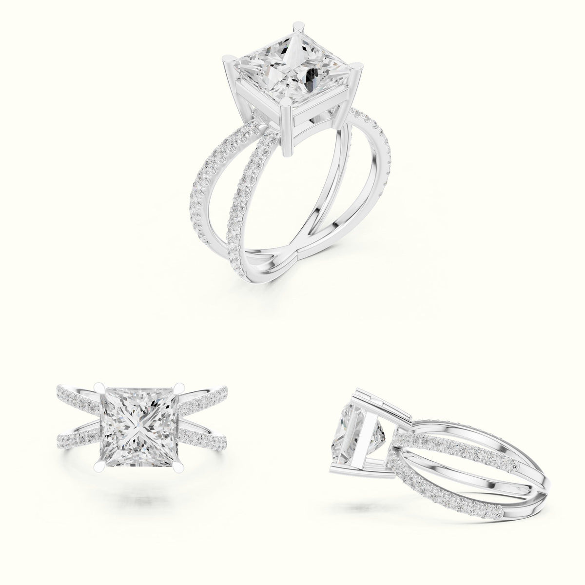 Princess Cut Split Shank Pavé Engagement Ring — White gold, on the hand | Crystal N Cuts