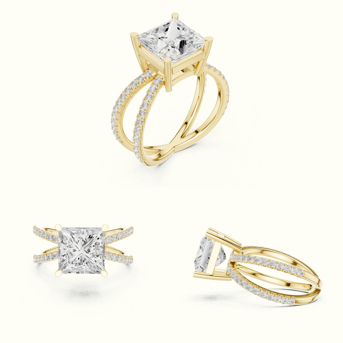 Princess Cut Split Shank Pavé Engagement Ring — Yellow gold, on the hand | Crystal N Cuts