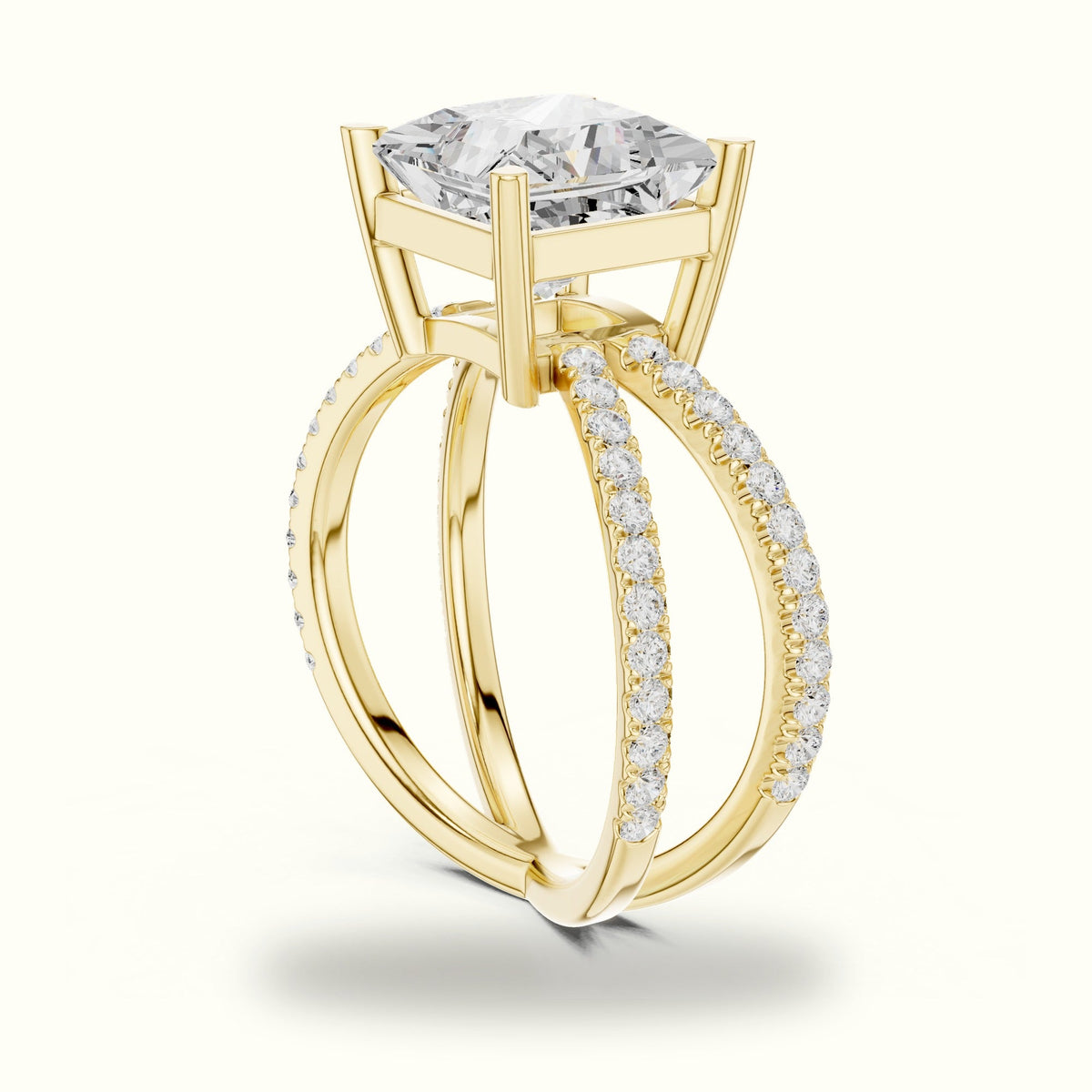 Princess Cut Split Shank Pavé Engagement Ring — Yellow gold, view 1 | Crystal N Cuts