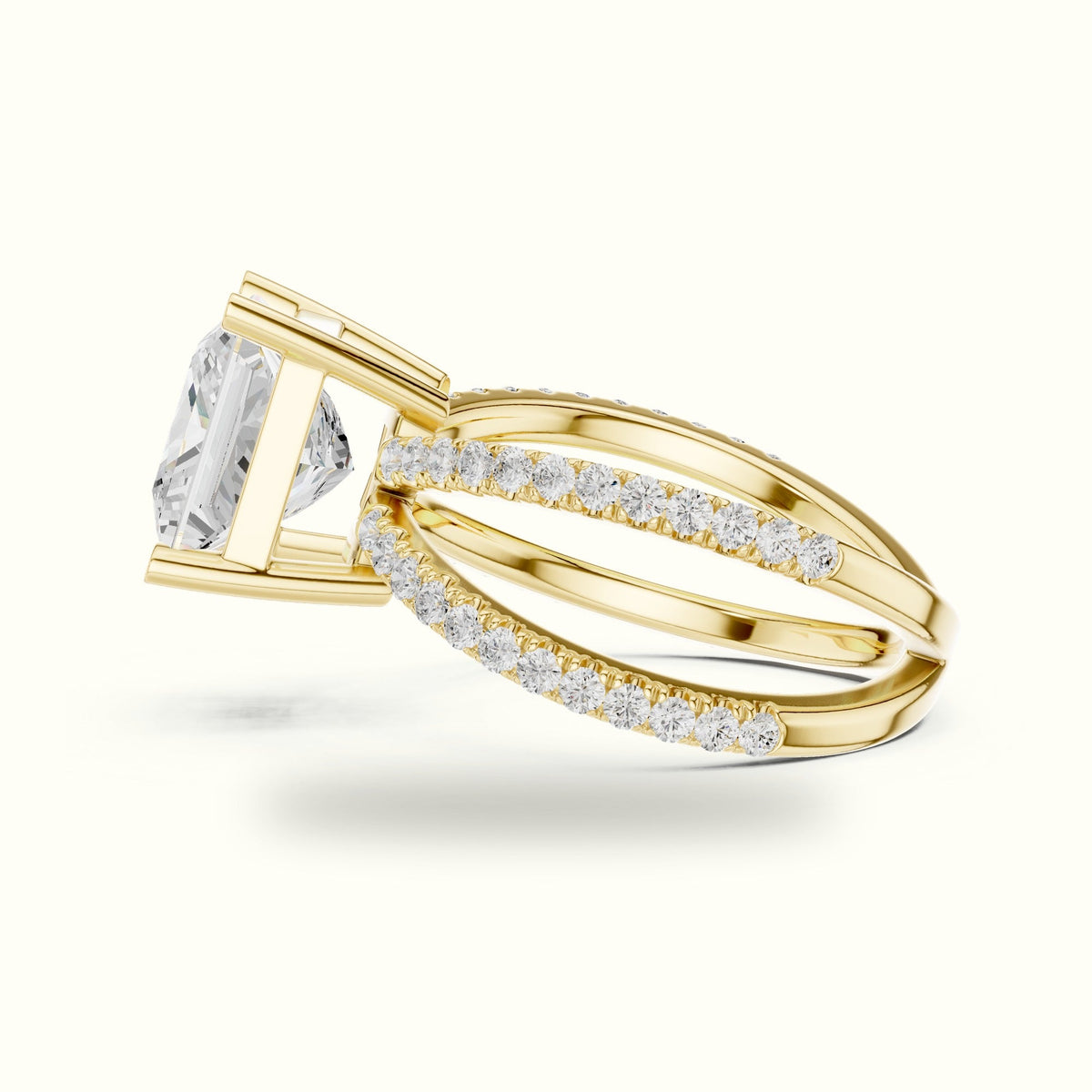 Princess Cut Split Shank Pavé Engagement Ring — Yellow gold, view 3 | Crystal N Cuts