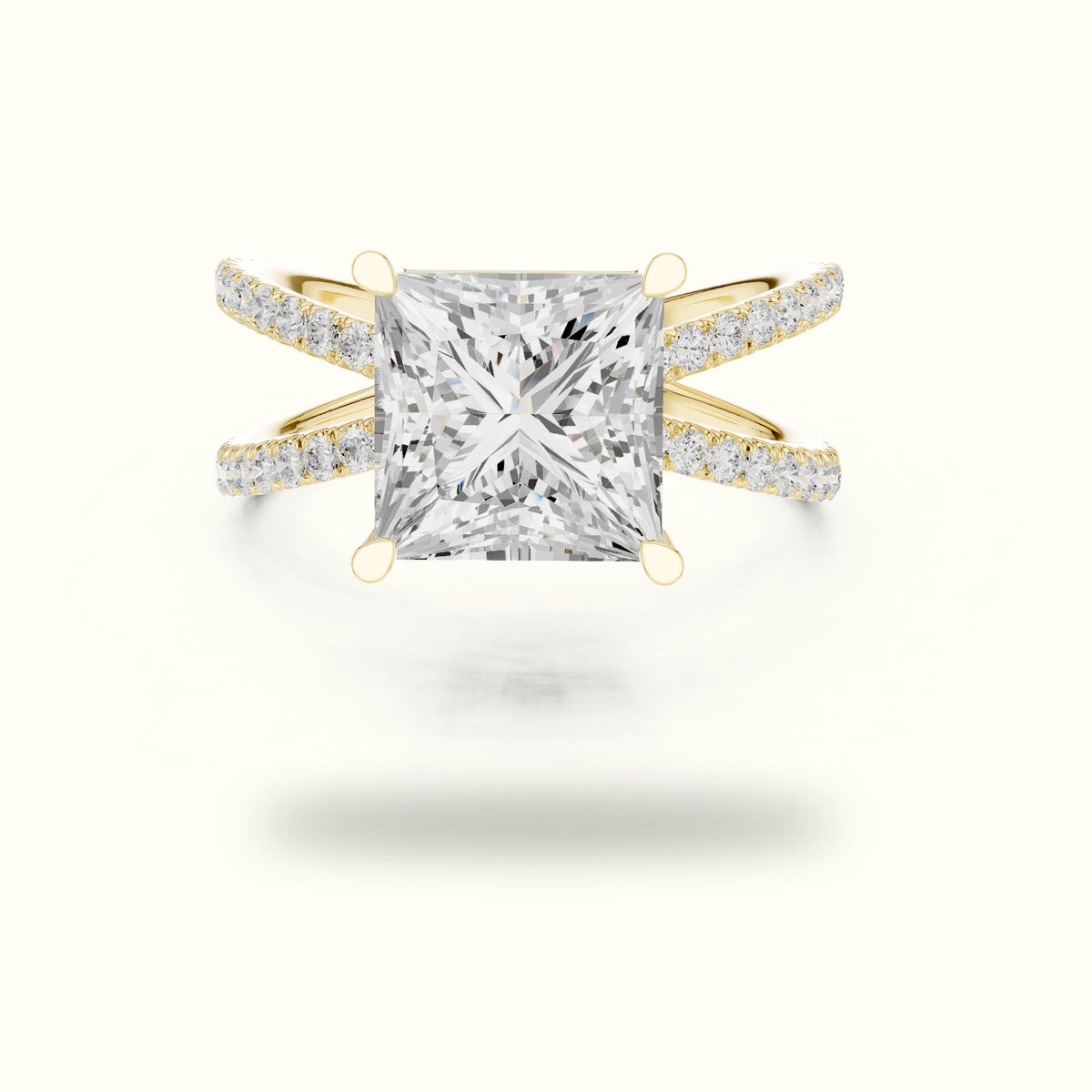 Princess Cut Split Shank Pavé Engagement Ring — Yellow gold, front view | Crystal N Cuts