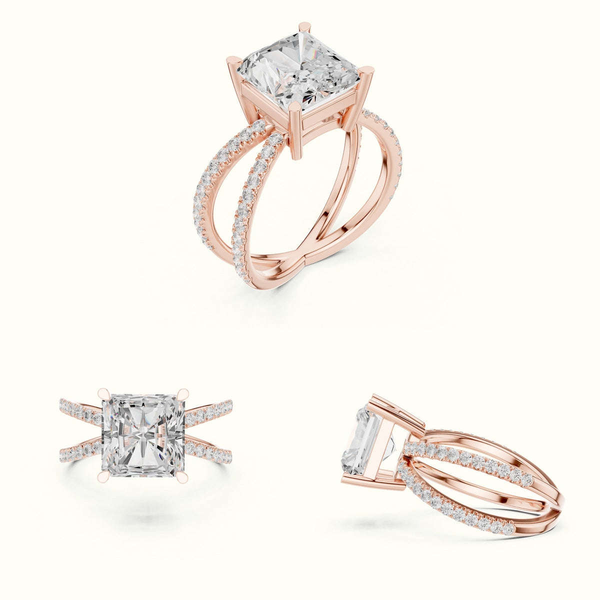 Square Radiant Split Shank Pavé Engagement Ring — Rose gold, on the hand | Crystal N Cuts