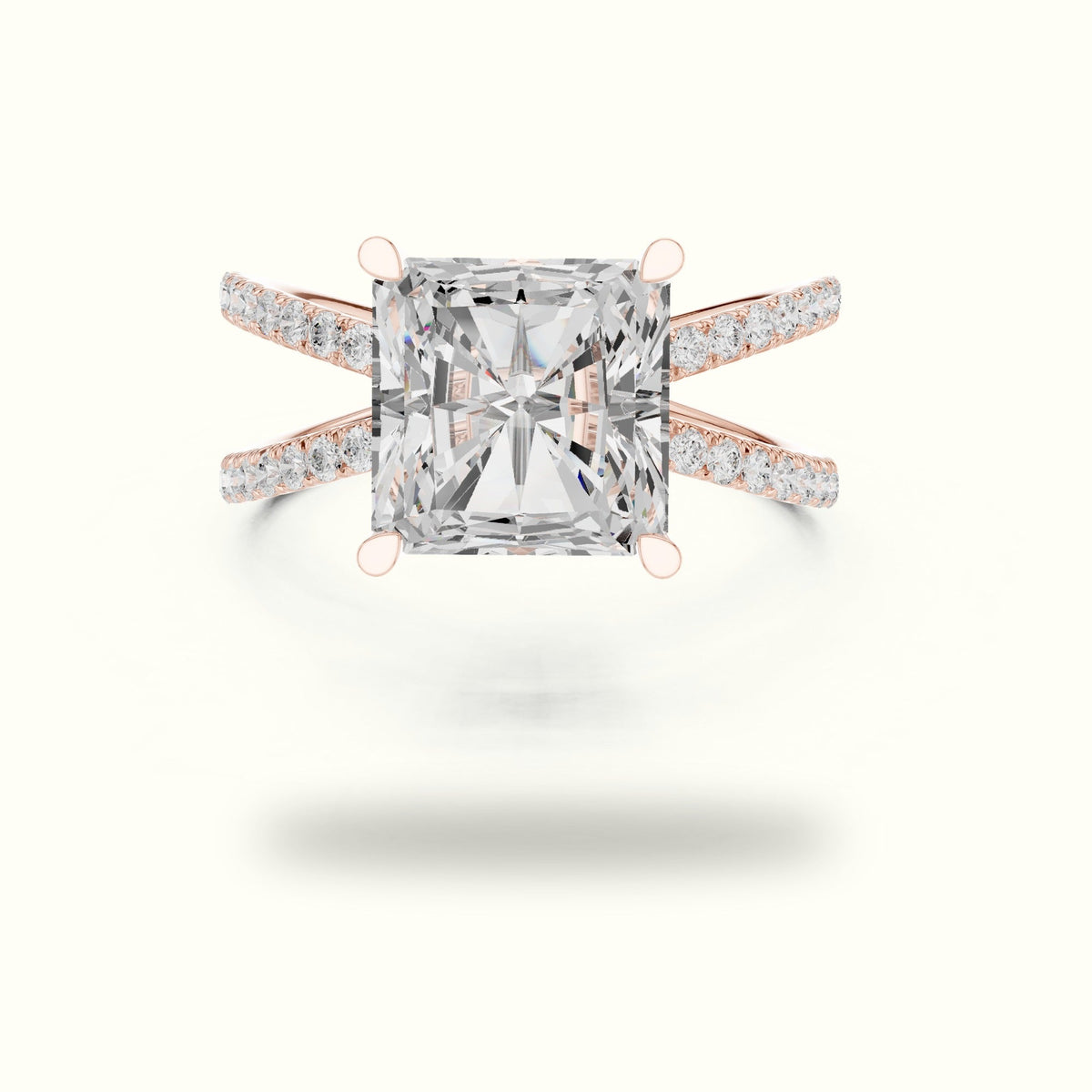 Square Radiant Split Shank Pavé Engagement Ring — Rose gold, front view | Crystal N Cuts