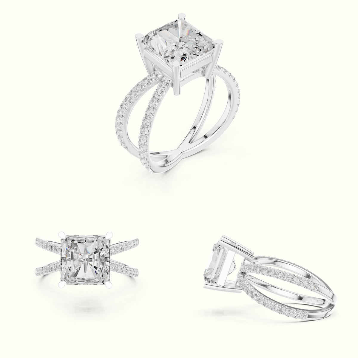 Square Radiant Split Shank Pavé Engagement Ring — White gold, on the hand | Crystal N Cuts