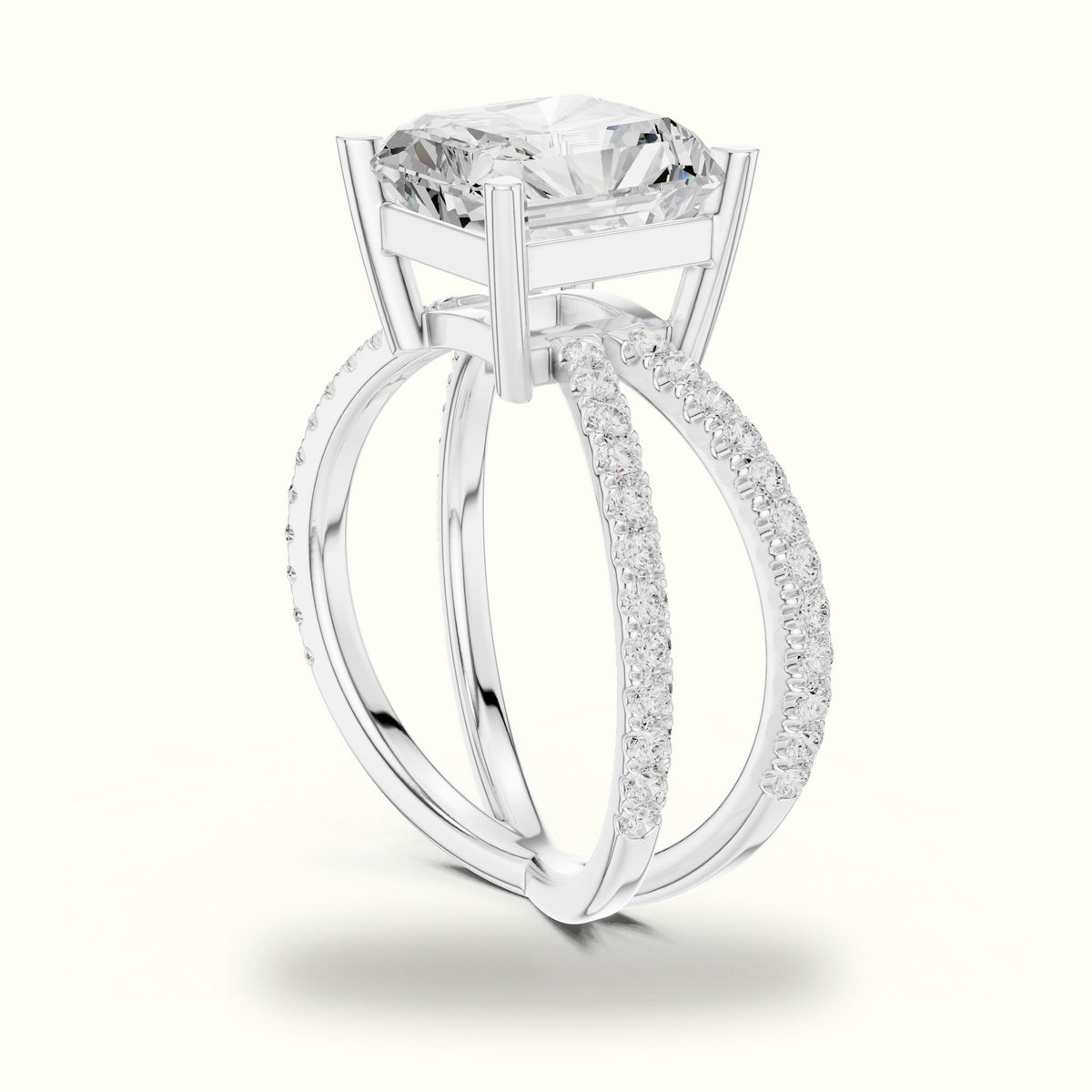 Square Radiant Split Shank Pavé Engagement Ring — White gold, view 1 | Crystal N Cuts