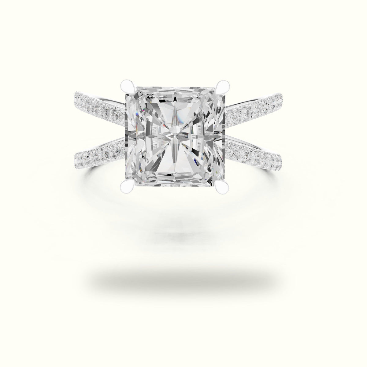 Square Radiant Split Shank Pavé Engagement Ring — White gold, front view | Crystal N Cuts