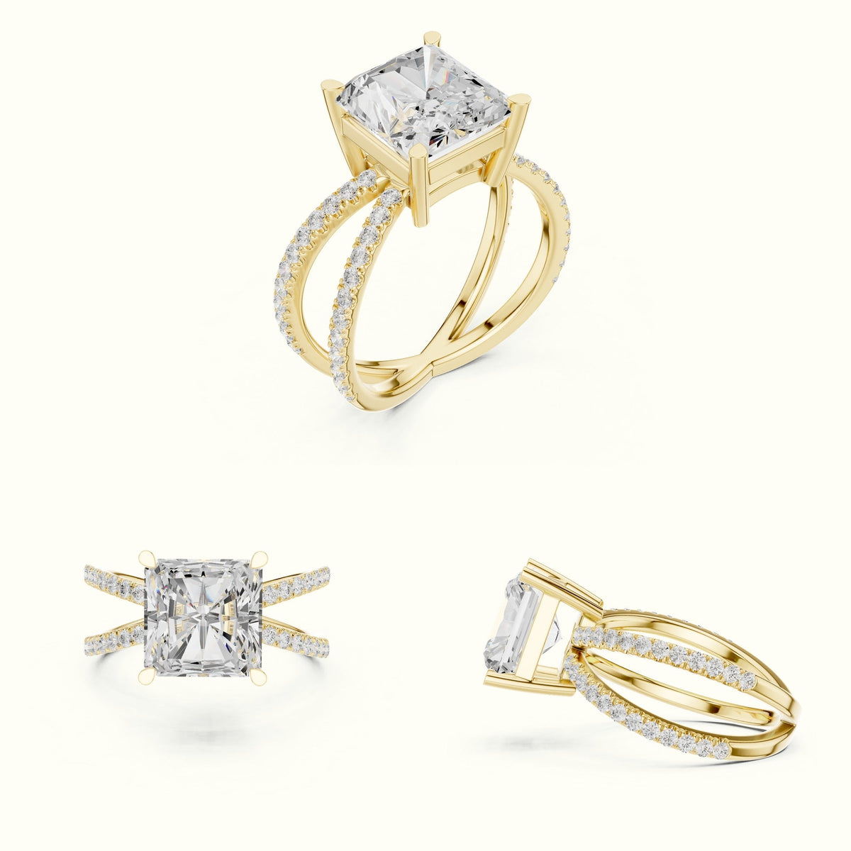 Square Radiant Split Shank Pavé Engagement Ring — Yellow gold, on the hand | Crystal N Cuts