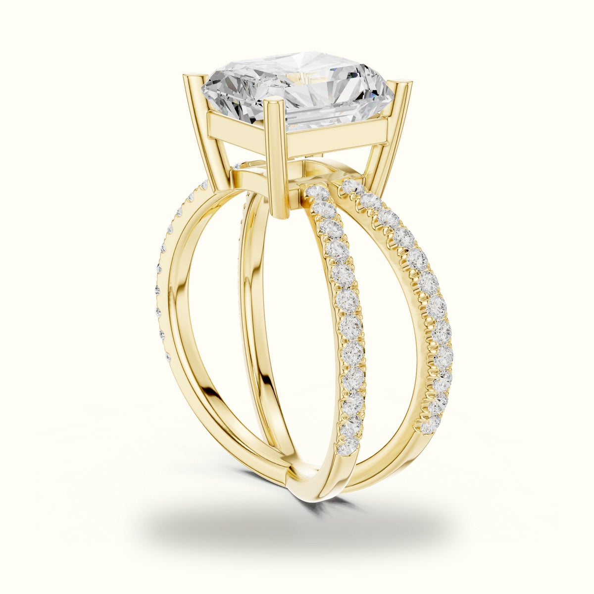 Square Radiant Split Shank Pavé Engagement Ring — Yellow gold, view 1 | Crystal N Cuts
