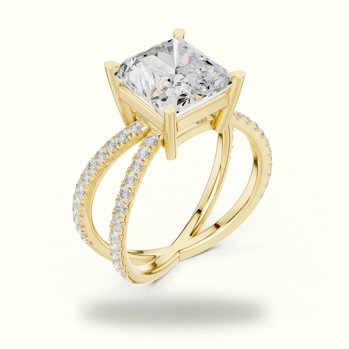 Square Radiant Split Shank Pavé Engagement Ring — Yellow gold, view 2 | Crystal N Cuts