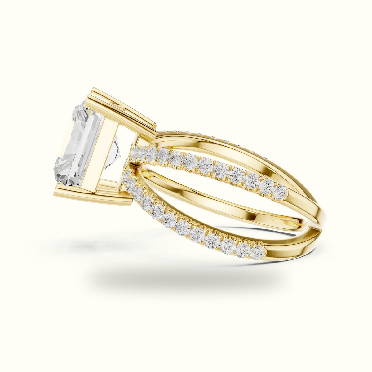 Square Radiant Split Shank Pavé Engagement Ring — Yellow gold, view 3 | Crystal N Cuts