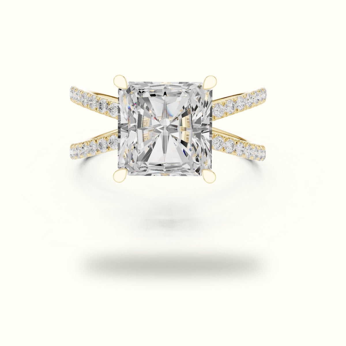 Square Radiant Split Shank Pavé Engagement Ring — Yellow gold, front view | Crystal N Cuts
