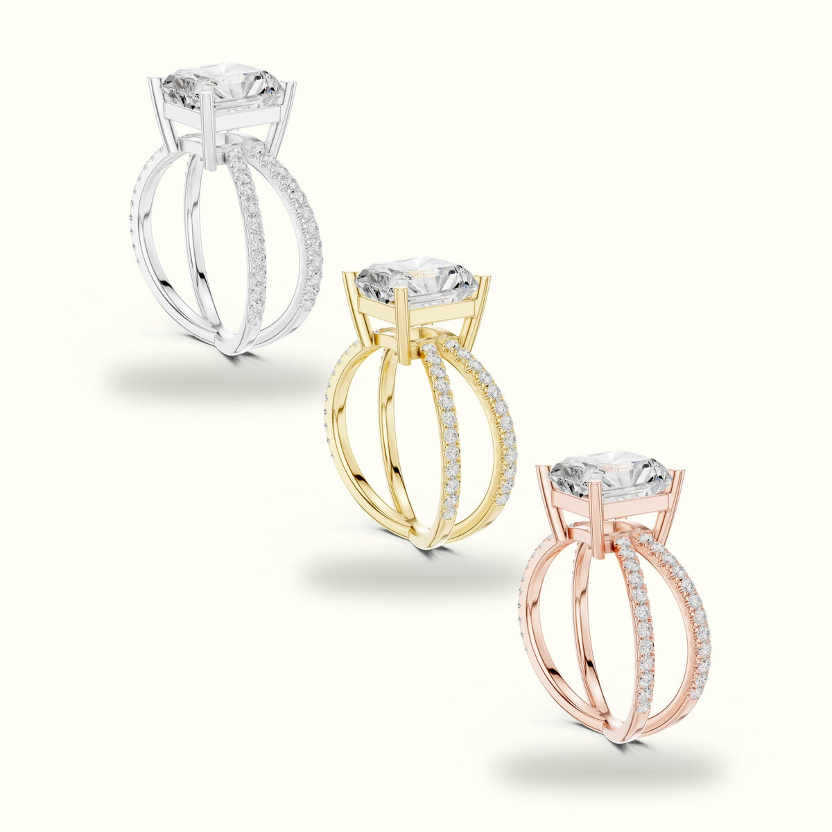Square Radiant Split Shank Pavé Engagement Ring — Yellow gold, in yellow, white and rose gold | Crystal N Cuts