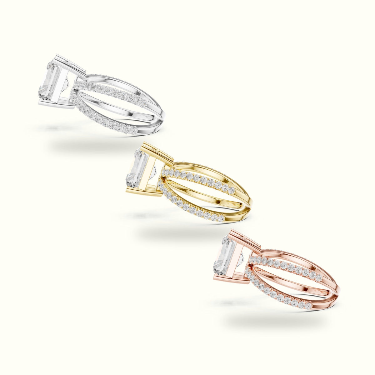 Square Radiant Split Shank Pavé Engagement Ring — Rose gold, in yellow, white and rose gold | Crystal N Cuts