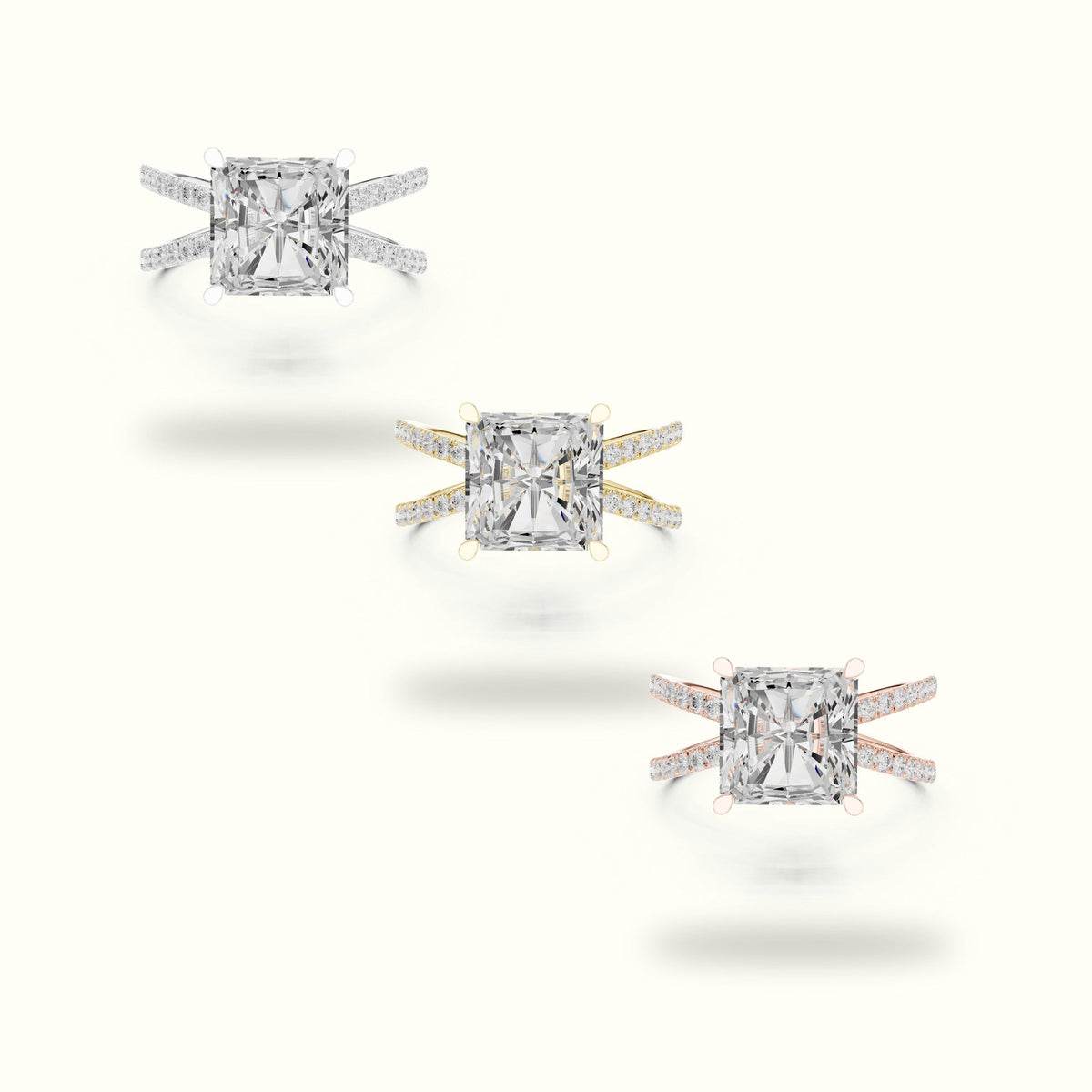 Square Radiant Split Shank Pavé Engagement Ring — Yellow gold, front view | Crystal N Cuts