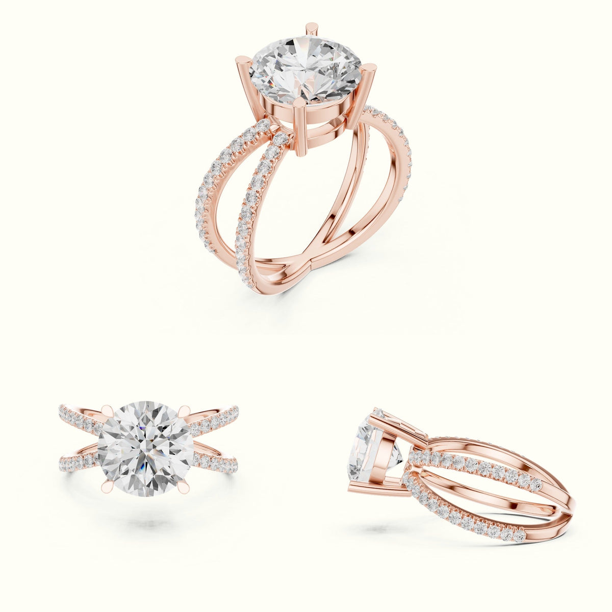 Round Cut Split Shank Pavé Engagement Ring — Rose gold, on the hand | Crystal N Cuts