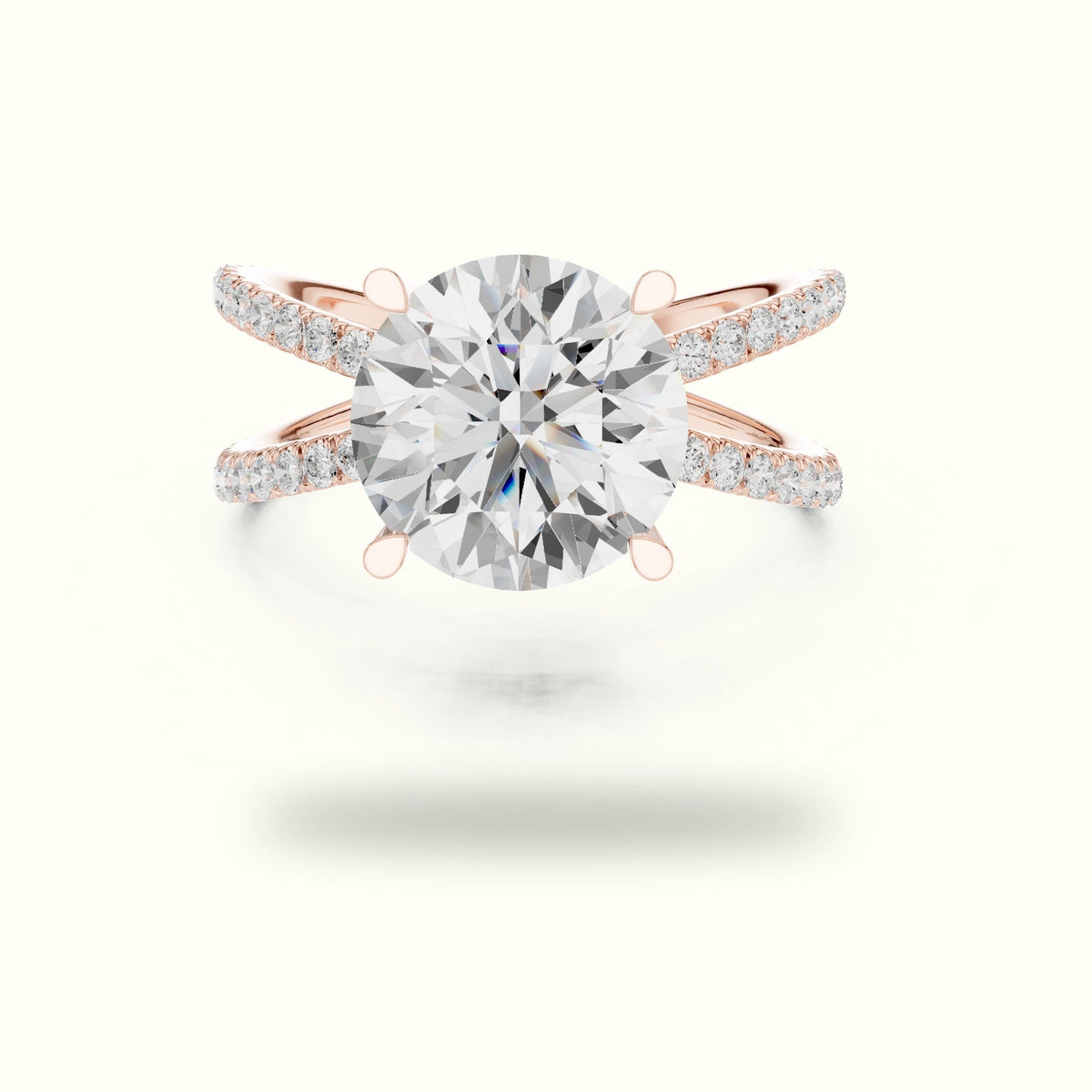 Round Cut Split Shank Pavé Engagement Ring — Rose gold, front view | Crystal N Cuts