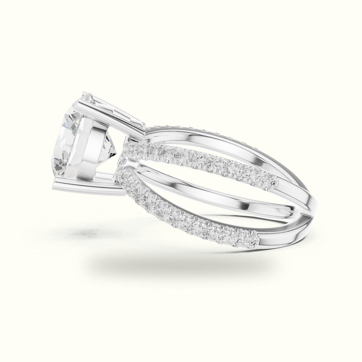 Round Cut Split Shank Pavé Engagement Ring — White gold, view 3 | Crystal N Cuts