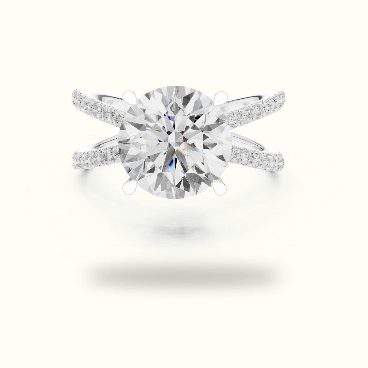 Round Cut Split Shank Pavé Engagement Ring — White gold, front view | Crystal N Cuts