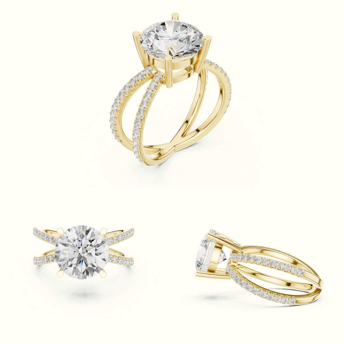 Round Cut Split Shank Pavé Engagement Ring — Yellow gold, on the hand | Crystal N Cuts